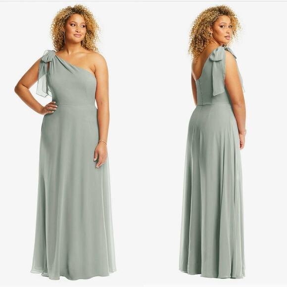 AFTER SIX Draped One Shoulder Bow Maxi Dress in Willow Green
